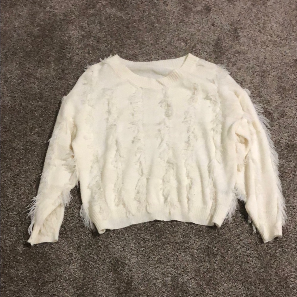 Elegant White Sweater with Fringe Details
